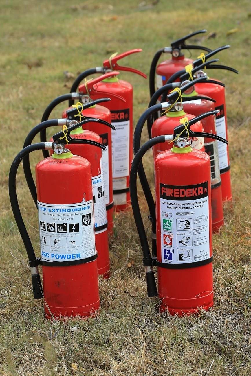 fire extinguishers standing on the grass